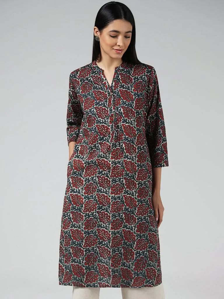 Utsa Red Leaf Printed Cotton Kurta