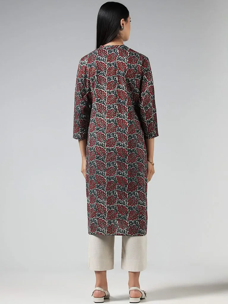 Utsa Red Leaf Printed Cotton Kurta