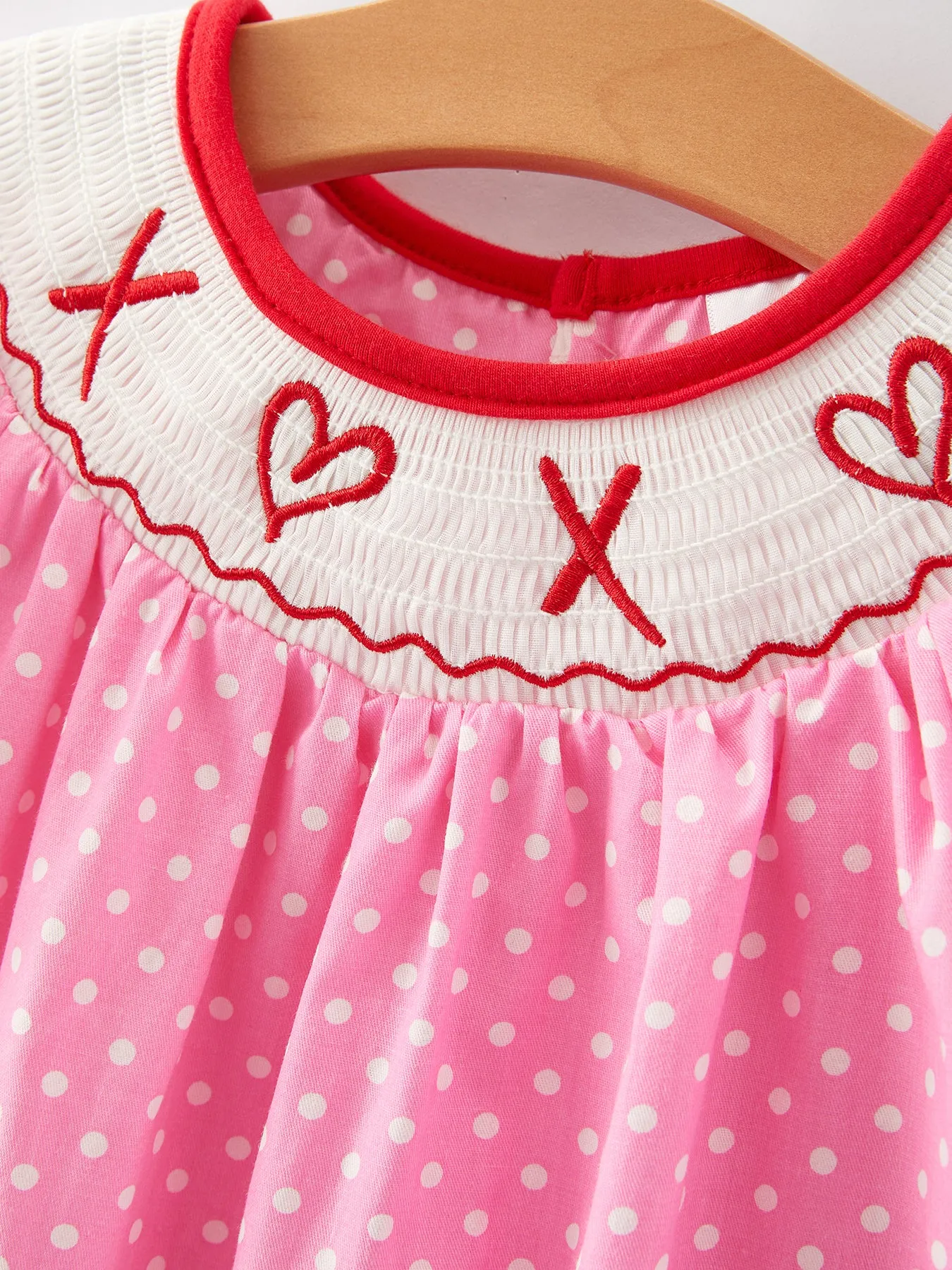 Valentine's Day Girls Smocking Embroidered Polka Dots Dress