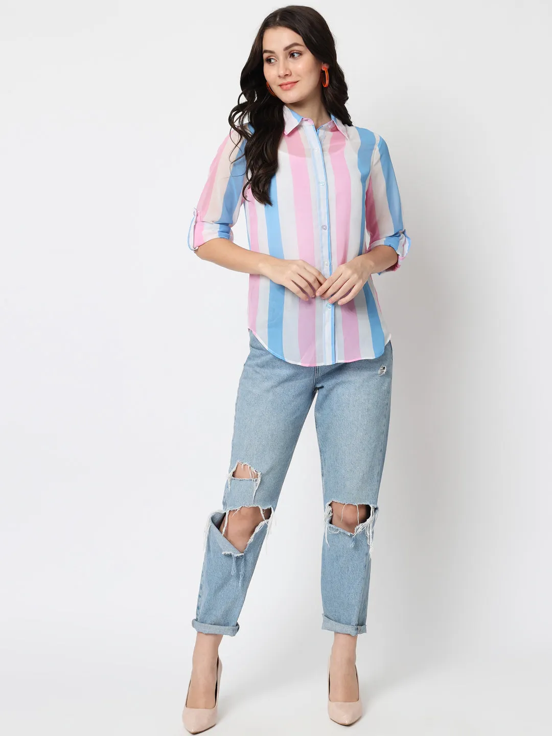 Vertical Striped Spread Collar Roll-up Sleeves Classic Casual Shirt