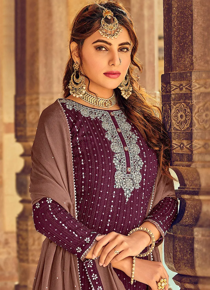 Wine Embroidered Ethnic Palazzo Suit