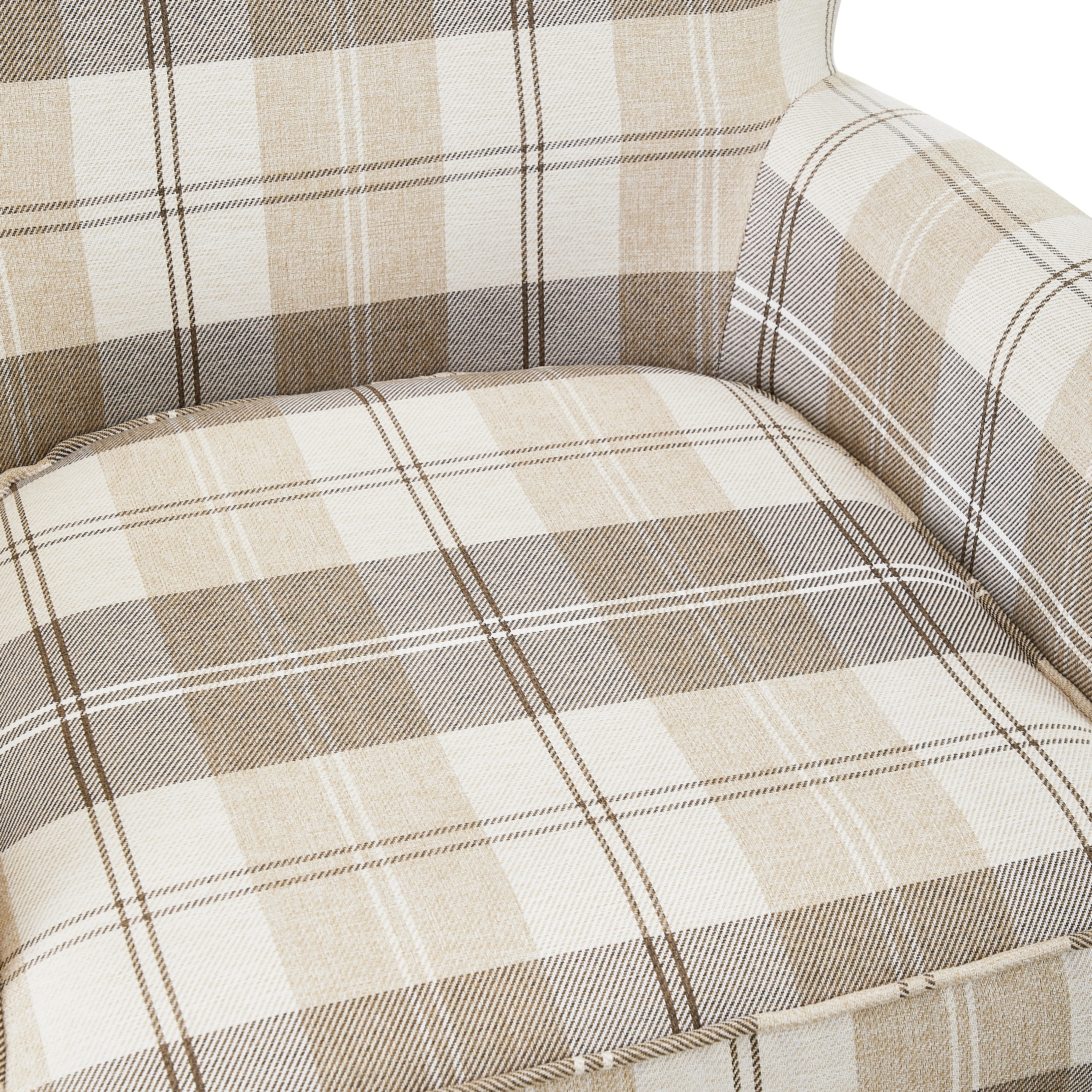 Wing Back Armchair Occasional Accent Chair Studded Design, Tartan Fabric- Beige