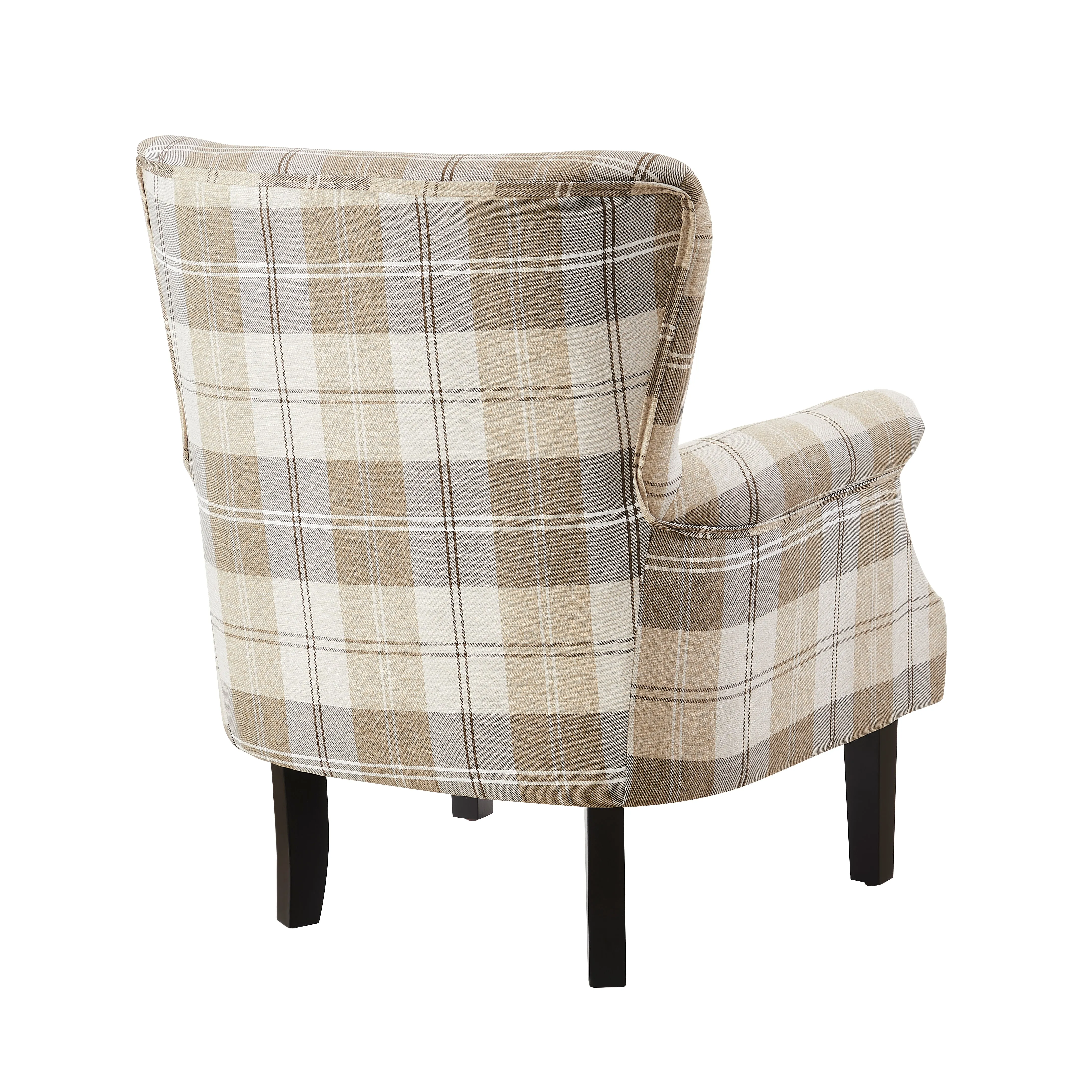 Wing Back Armchair Occasional Accent Chair Studded Design, Tartan Fabric- Beige