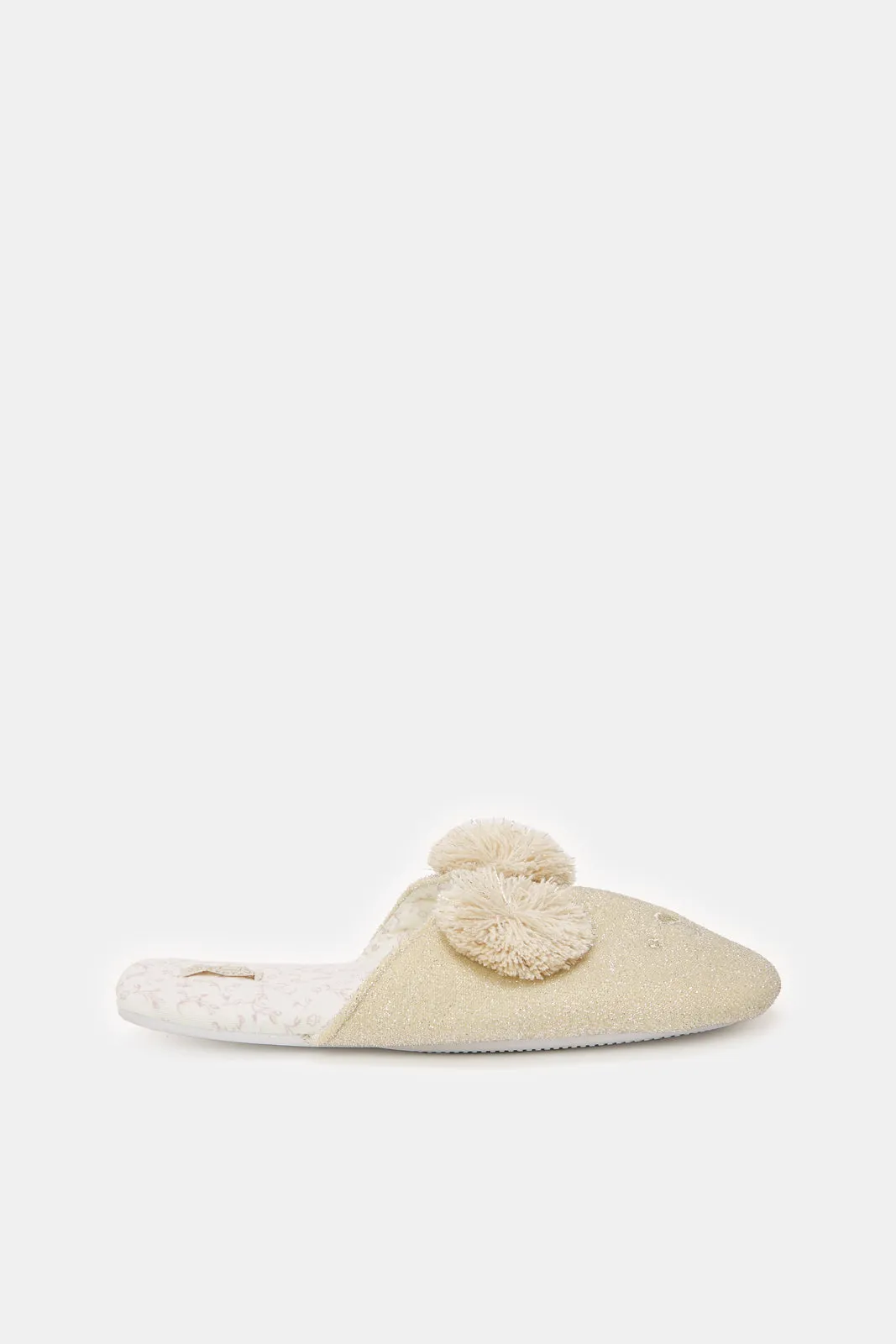 Women Beige Closed Toe Pom Pom Slippers