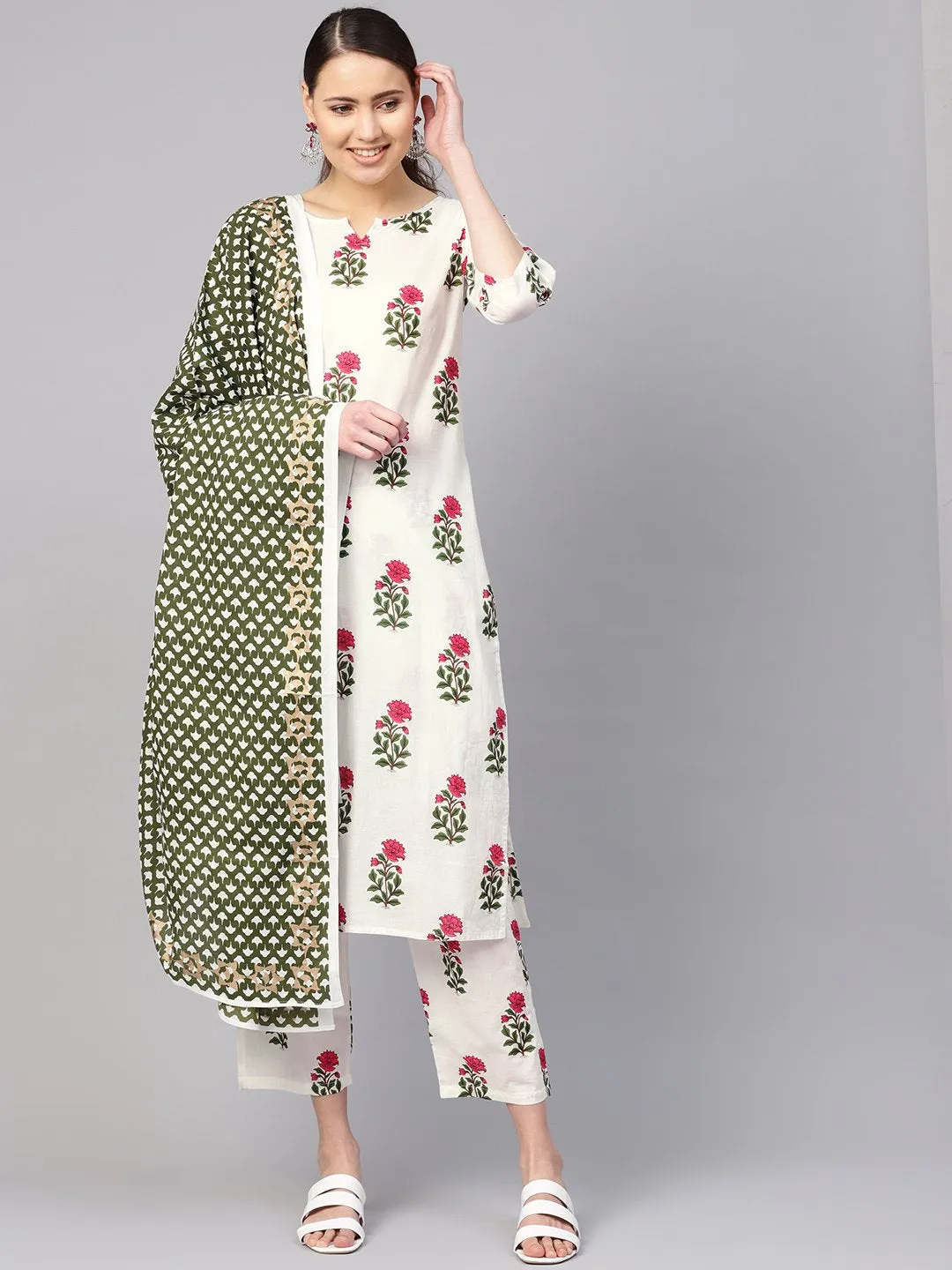 Women White & Green Printed Kurta With Trousers & Dupatta