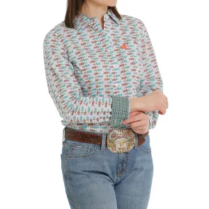 Women's Cinch Geometric Print Long Sleeve Shirt - White