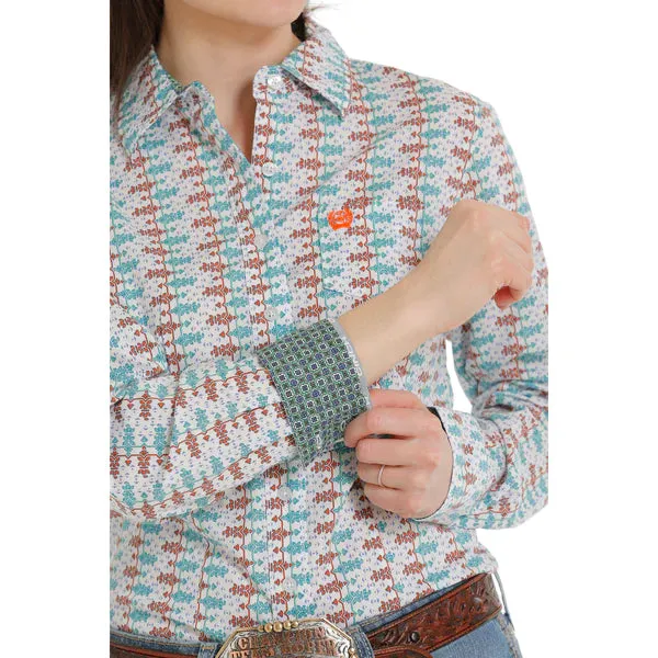 Women's Cinch Geometric Print Long Sleeve Shirt - White