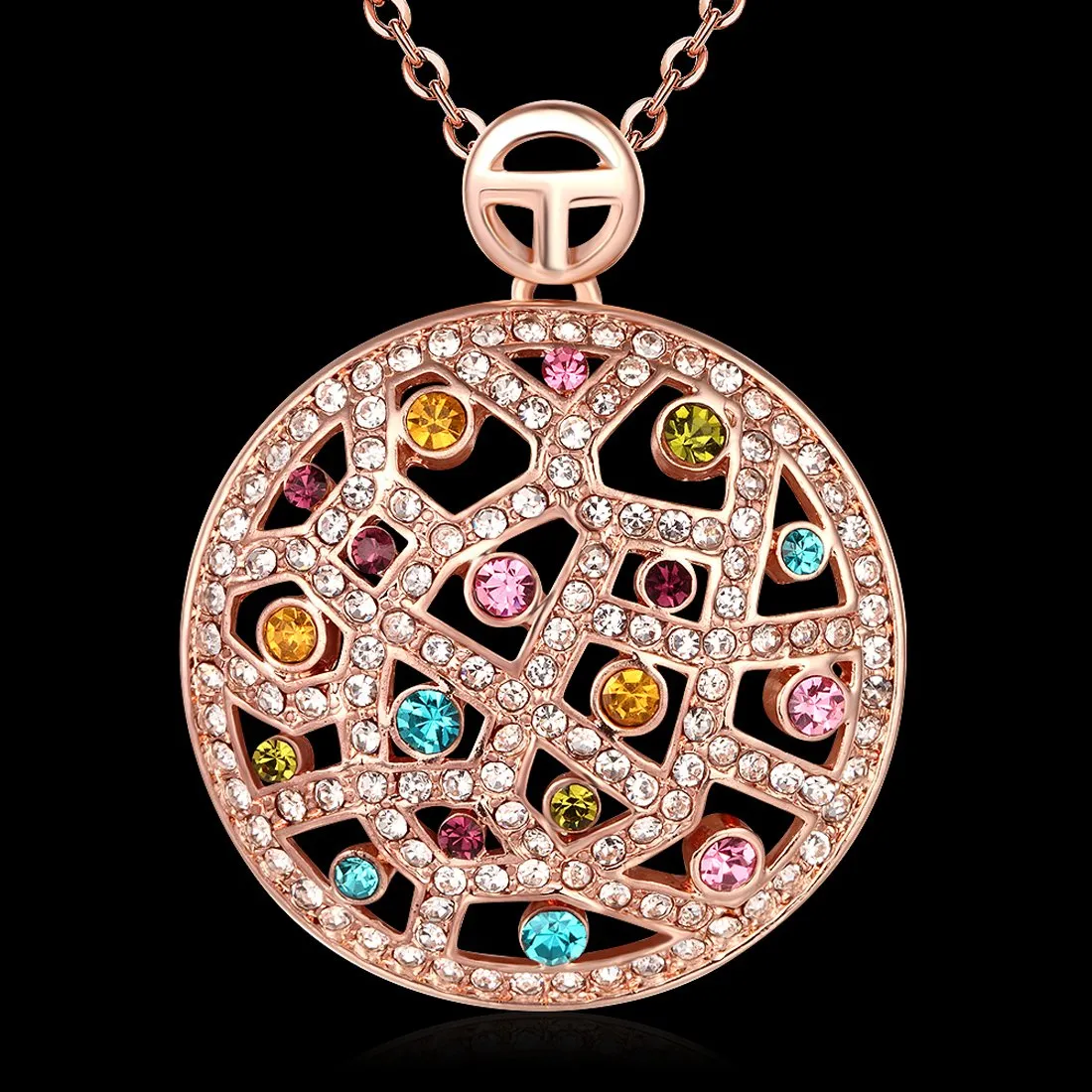 Yellow Chimes Designer Circle 18K Rose Gold Plated Swiss Zircon Pendant for Women and Girls