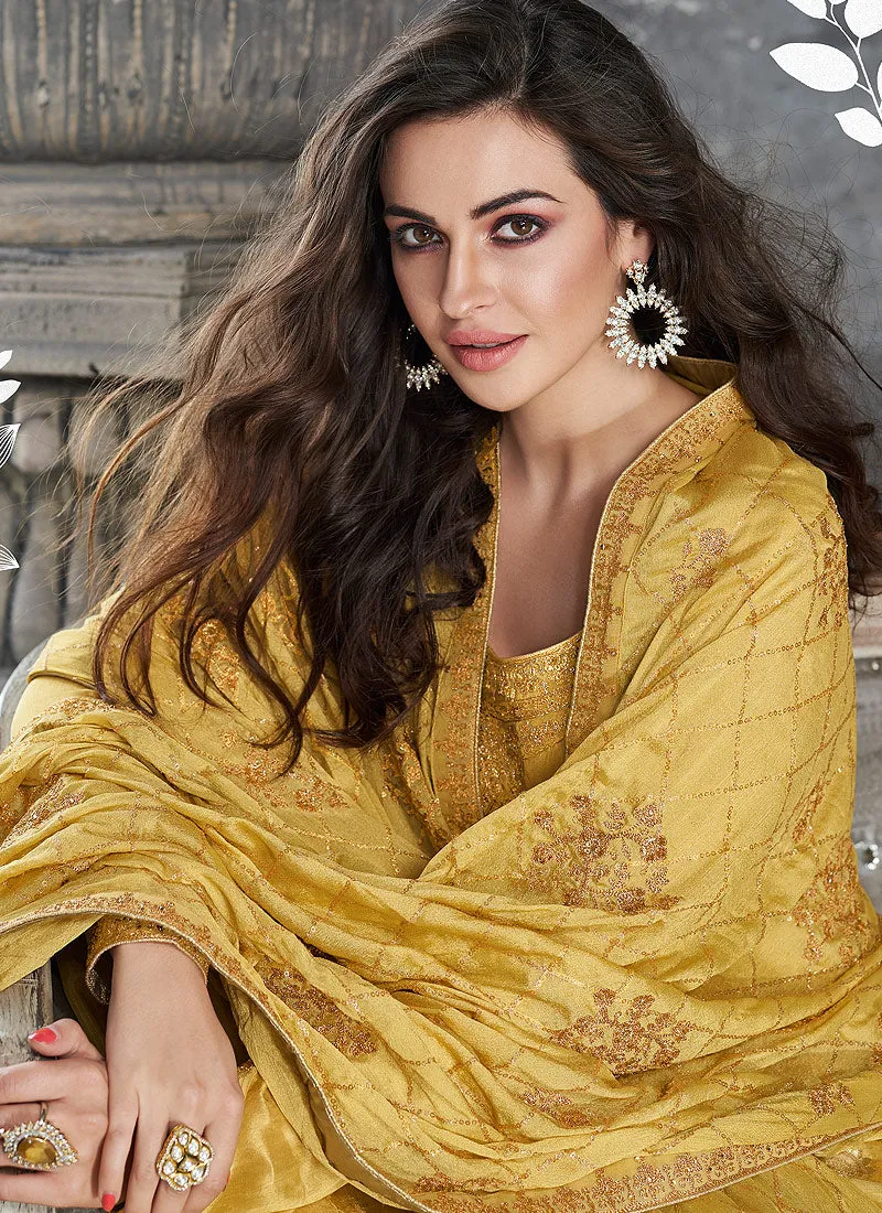 Yellow Gold Embroidered Pakistani Palazzo Suit