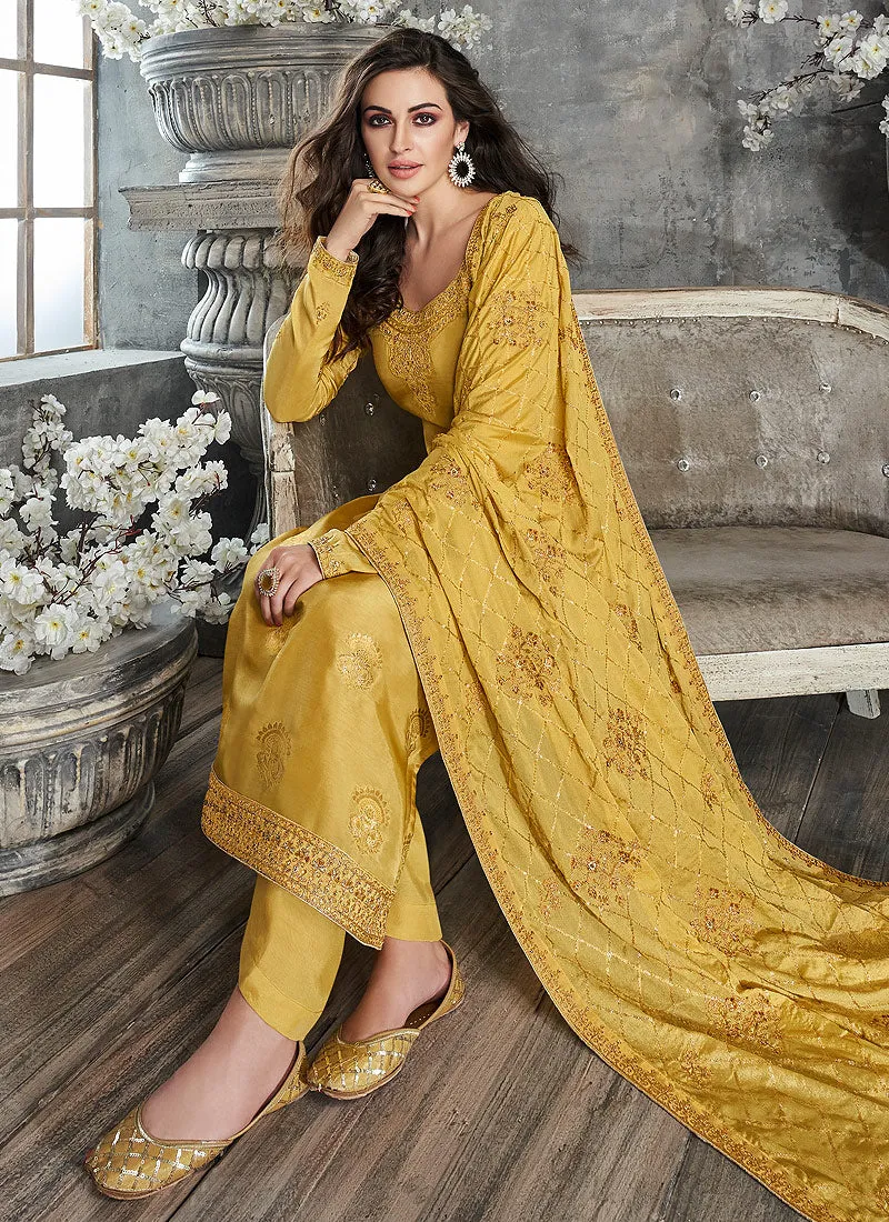 Yellow Gold Embroidered Pakistani Palazzo Suit