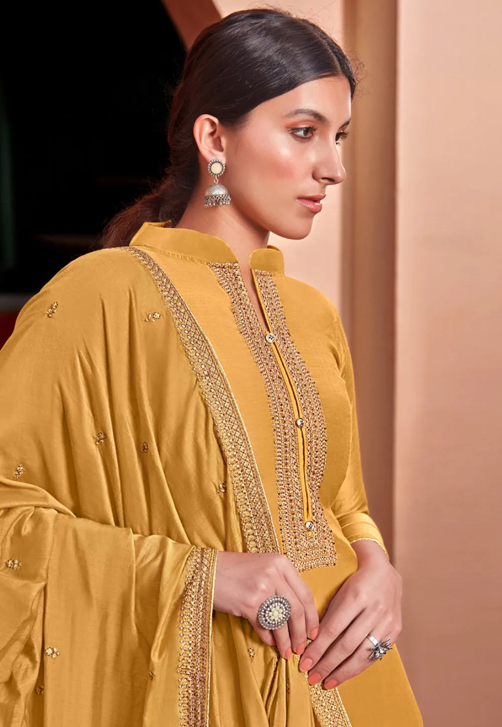 Yellow Golden Embroidered Pakistani Style Pant Suit